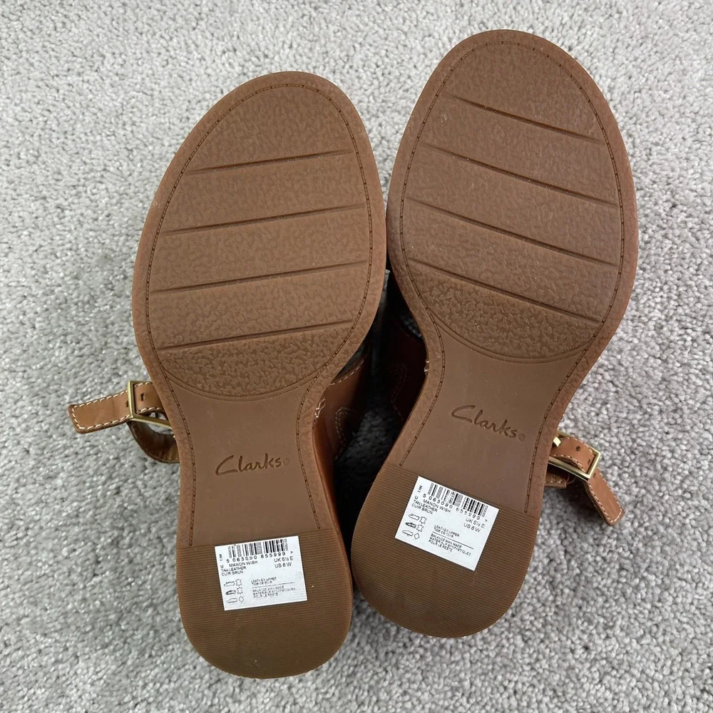 Clarks Manon Wish Sandals Women Size 8 Wide Tan Leather Wedge Slingback Platform